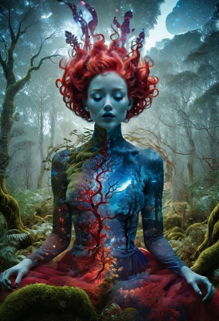 Whimsical double exposure concept, feminine figure's body composed of luminous nebulae blues and deep cosmic reds, ornate galactic hair and dress forms, silhouette seated amongst lush mossy foliage and twisted roots, dreamlike starry night forest scene