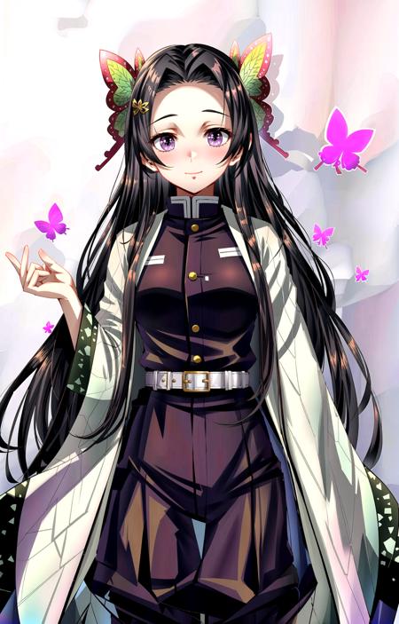 (masterpiece, top quality, best quality, official art, beautiful and aesthetic, picture-perfect:1.4), 1girl, solo,  Kanae, (looking at viewer, cowboy shot, standing:1), (black hair, black colored hair, black long hair, long hair, long flowing hair, parted bangs:1.2), (purple eyes, shining purple eyes:1.3), [smile, closed mouth:1.2], [large breasts, sexy:1], (Kanae Attire, black jacket, black pants, demon slayer uniform, haori, butterfly print, butterfly hair ornament, wide sleeves, long sleeves:1.15), <lora:more_details:.4>,  <lora:KanaeLora:.8>