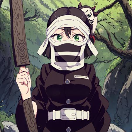 <lora:Kakushi_Girl-10:1>outdoor,forest,high quality,Masterpeace,Kakushi_Girl, 1girl, solo, black hair, green eyes, belt, horizontal stripes mask, black and white mask, white belt, demon slayer uniform,bandana,short hair