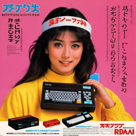 Visualize an advertisement from the 1980s in Japan, spotlighting a head-mounted power level calculator. The primary focus of the image is a young woman, styled in the fashion of the '80s with large wavy hair, vibrant makeup, and a trendy outfit. She is energetically pointing at the head-mounted device, with her face expressing excitement and wonder. The device itself has a futuristic look for the 1980s, with sleek lines, digital displays, and light-up components. It fits snugly on her forehead and wraps around to the side of her head. The background is a mix of neon colors, typical of the era, with Japanese characters highlighting the product's features. The overall tone of the image is upbeat, playful, and slightly nostalgic, <lora:jp80:0.75>