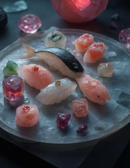 A platter of sushi where each piece is made of translucent crystal. The sushi rolls have geometric patterns on their surfaces, and the fish glows with inner light. The platter is surrounded by glowing gemstones and rests on a crystal table. <lora:SoulGemmed:1>