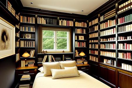 a fantasy bedroom that is also the owner's personal library with books everywhere