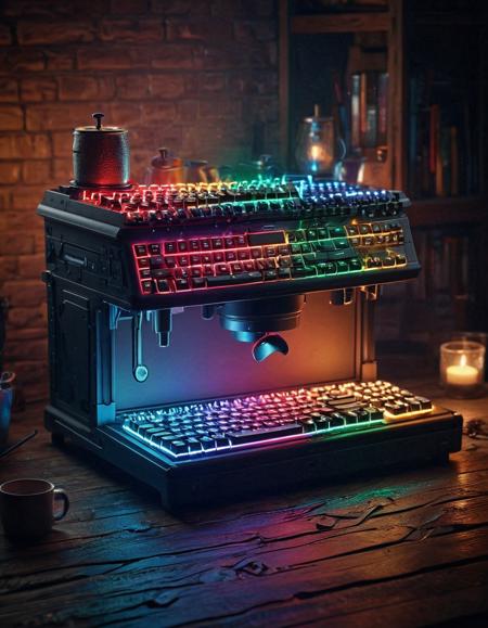 rgb keyboard, warm lighting, firelight flickering in the background, cozy and slightly mysterious atmosphere, the RGB keyboard adding a technological touch, rich textures, low-key lighting <lora:RGB_Keyboard_themed:1>