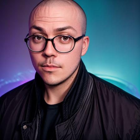 (closeup:0.6) upper body portrait of handsome man anthony fantano, wearing a jacket, (bisexual lighting:1.15), promotional photograph, sharp focus, (cinematic), soothing tones, exposure blend, rim lighting, looking at viewer, thin round glasses <lora:diffusiondudes_AnthonyFantano_V1-12:0.7>