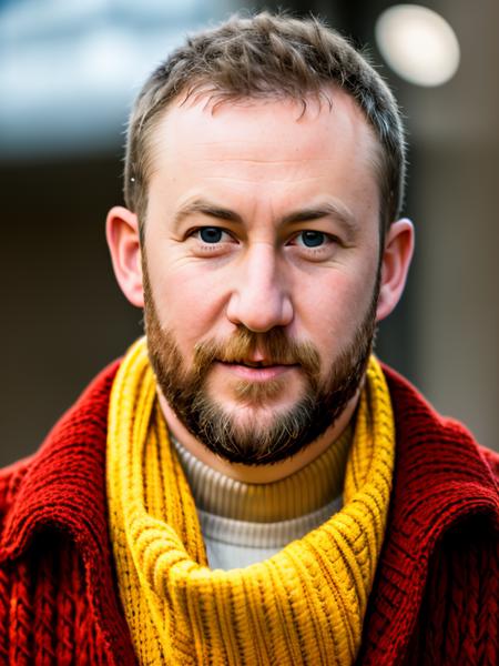 RAW photo of (AlexHorne:0.99) a man, wearing a cable-knit scarf, with a yellow turtleneck sweater, with a brown wool coat , detailed face, realistic skin, high quality, (blue eyes:1.1), Leica 50mm, f1. 4, natural light, grainy, (high detailed skin:1.2), high detail