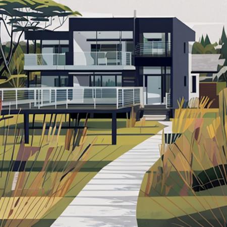 <lora:illustratearchitecture:0.8>,a painting of a house with a walkway