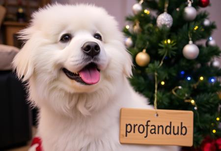 A white fluffy dog by a christmas tree, with a sign saying "profandub"