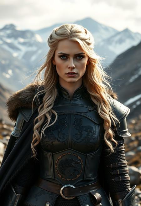 Create a hyper-realistic portrait of a regal blonde woman inspired by the "Game of Thrones" aesthetic, but dressed in battle-ready attire. She stands in a windswept mountain pass, her armor gleaming under the muted sunlight. Her outfit combines elegance with practicality: a fitted leather cuirass adorned with intricate carvings of wolves and stars, layered over chainmail. A dark cloak with a fur-trimmed collar billows behind her, hinting at her noble lineage. Her piercing gaze reflects both beauty and unyielding strength. The scene is detailed with rugged terrain, distant snow-capped peaks, and the faint howl of the wind, evoking an air of mystery and power