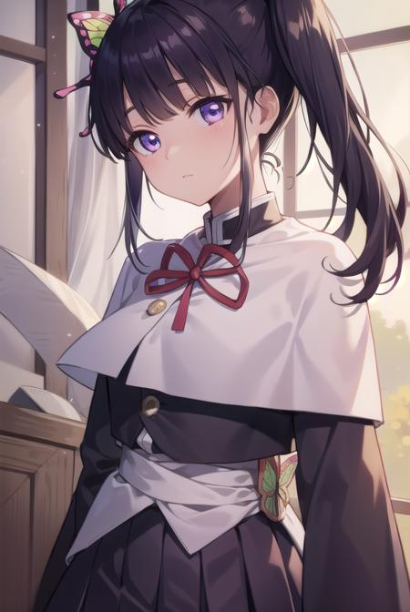 kanaotsuyuri, <lora:kanaotsuyuritest:1>,
kanao tsuyuri, black hair, butterfly, butterfly hair ornament, (purple eyes:1.1), side ponytail, ponytail, 
BREAK black skirt, cape, demon slayer uniform, long sleeves, pleated skirt, skirt, white cape,
BREAK looking at viewer,
BREAK indoors, classroom,
BREAK <lora:GoodHands-vanilla:1>, (masterpiece:1.2), best quality, high resolution, unity 8k wallpaper, (illustration:0.8), (beautiful detailed eyes:1.6), extremely detailed face, perfect lighting, extremely detailed CG, (perfect hands, perfect anatomy),