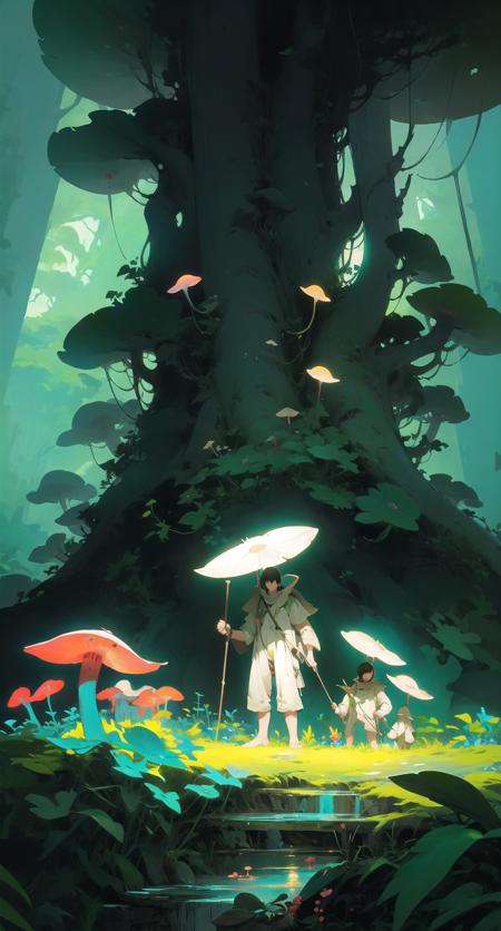 fantahouse, nature, tree, mushroom, forest, scenery, umbrella, outdoors, backpack, holding, multiple boys
 <lora:fantahouse-noise:1>