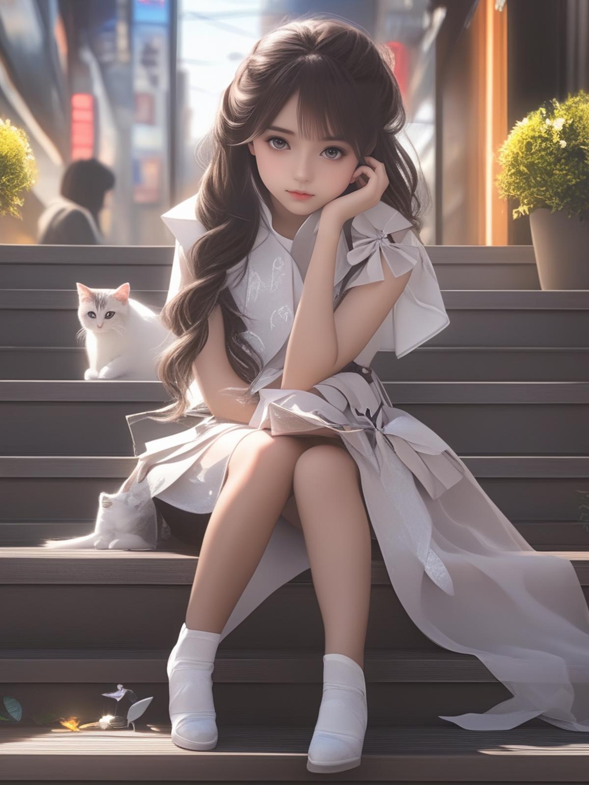 A woman and a cat sitting on stairs in a white dress.