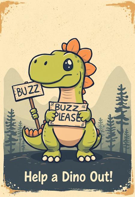 Vintage retro cartoon poster design, A cute dinosaur holding a tiny sign: “BUZZ PLEASE”, the poster text says: 
“Help a Dino Out!”