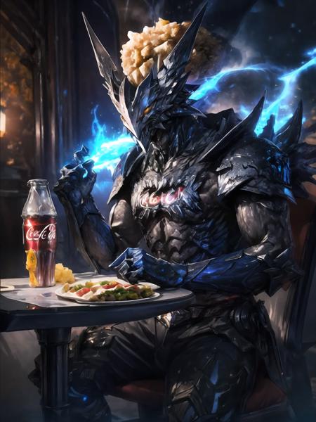 masterpiece,best quality,highres,cinematic lighting,dramatic angle,1boy,dark blue armor,maskedform,helmet,blue fire,looking at viewer,<lora:ShadowverseMaskedGhostV1-000015:0.8>,spikes,fangs,glowing yellow eyes,eating hamburger,fried chickens,french fries,sitting across table,spikes,coca-cola,<lora:add_detail:1>,sharp teeth,kfc