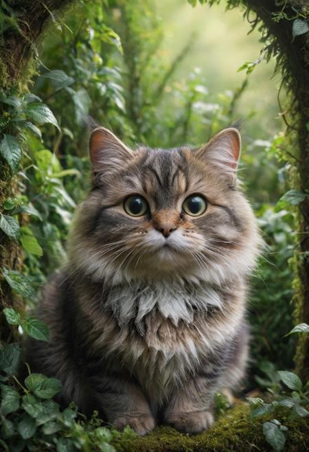 macrophotography, realistic fantasy landscape, (housecat: 1.29),( mainecoon: 0.59) 8k UHD (cat-eyes) (highest coherency: 1.59) (highest quality: 1.39) (symmetrical) (beautiful-cats-eyes) (Canon EOS R6 Mark II) (Fujifilm X-S20) (vertical-slit pupils: 0.89) (dense underbrush)