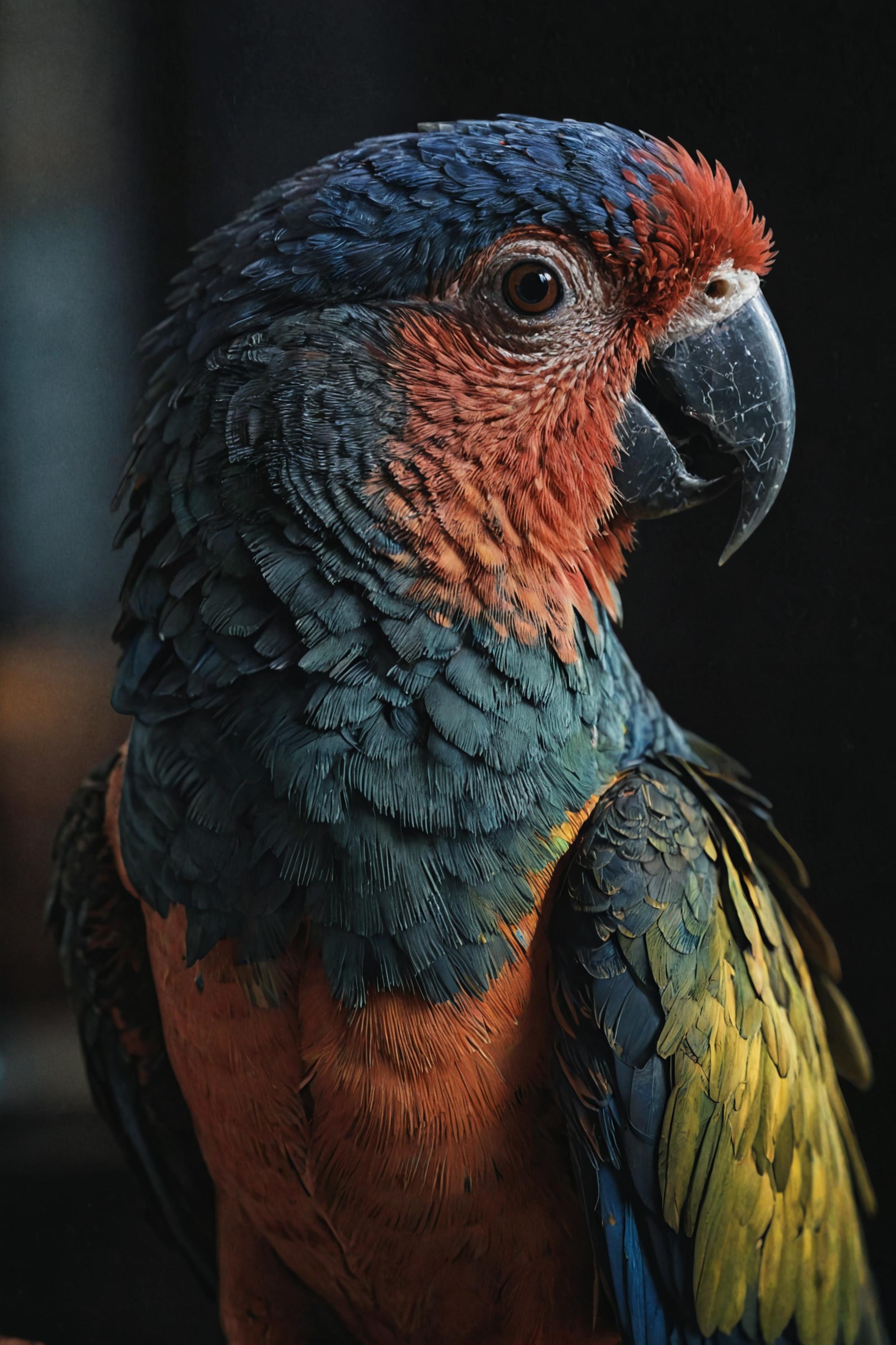 The face of a colorful parrot with a blue beak.
