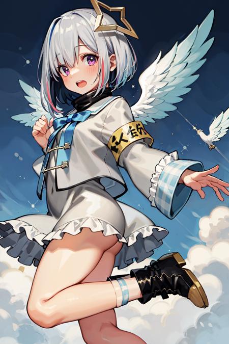 best quality, highres, 1girl, amane kanata, star halo, virtual youtuber, solo, wings, halo, feathered wings, angel, angel wings, multicolored hair, colored inner hair, asymmetrical hair, single hair intake, purple eyes, armband, short hair, blue hair, grey hair, boots, socks, long sleeves, grey jacket, skirt, bob cut, jacket, streaked hair, bangs, frills, black footwear, wide sleeves, white wings, mini wings, black skirt, hair over one eye, frilled skirt, blue socks, sleeves past wrists, turtleneck dress, short dress, miniskirt, blue wings, <lora:amane_kanata_(short_hair)_v1:0.7>, cowboy shot