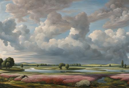 jhcst style a painting of  a great river in a plain  surrounded with  flower field 