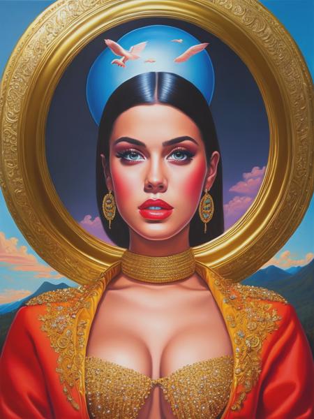 <lyco:AlexGross:1.0> an oil painting in the style of Alex Gross, a elegant female wearing a haute couture costume, inspired by quentin tarantino, pop surrealism, precise details, photorealistic, glamour, figurative art, dramatic, expressive, vibrant, innovative, hyper-realistic, perfect composition, global illumination