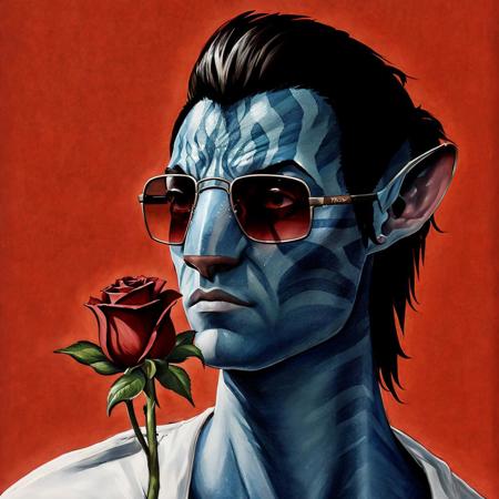 Avatar Style, masterpiece, best quality, ultra-detailed, man portrait, holding red rose, brick wall, (sunglasses:1.1)