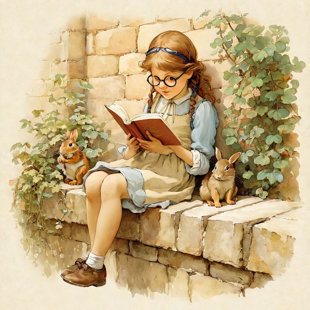 best quality, masterpiece, Girl, girl sitting on the wall and reading a book, cute mood, eye glasses, cartoon style illustration, Beatrix potter style painting, Alphonse Mucha, IBG