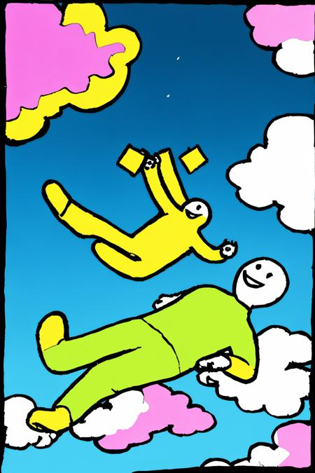 (masterpiece, best quality, uhd, 8k) <lora:PBFComicsStyle_v1-000018:0.75> pbfcomics style, a man falling through the sky, clouds, colorful, smile