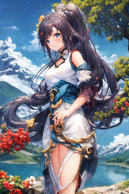 solo,1girl,Azure Empyrea,masterpiece,best quality, <lora:Fu Hua_Azure Empyrea_v6:0.75>,mountain,tree,lake, <lora:gachaSplashLORA_v40:0.7>,