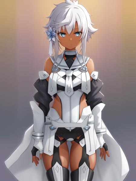 <lora:Kohagura_Natsume-10:0.8>,masterpiece, distinct, high_quality, highres, super_detail, finely_detailed, intricate_details,Kohagura_Natsume, 1girl, solo,short hair, blue eyes,hair ornament, thighhighs, gloves,bare shoulders,white hair,white dress, sidelocks, boots, elbow gloves, dark skin, leotard, dark-skinned female, thigh boots, short hair with long locks,((upper body))