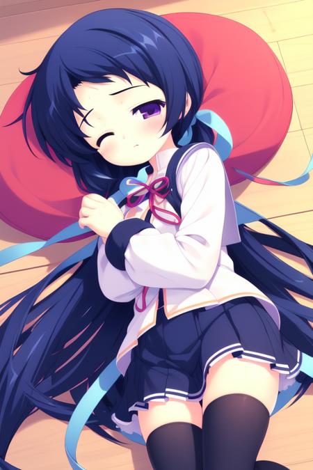 KamikuraNagisa, 1boy, long hair, hat, ponytail, dark_blue_hair, purple eyes, ribbon, very long hair, school uniform, skirt,  mary janes, shoes, blush