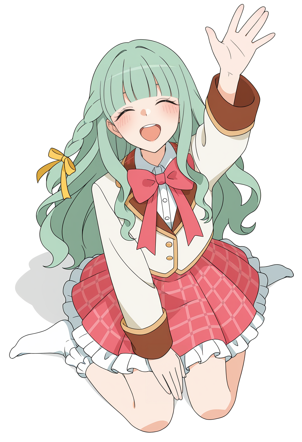 A young woman with her eyes closed in a happy smile, long light green hair, sitting on the ground, raising her right hand in a wave. She is wearing a school uniform consisting of a white blazer with tan cuffs and gold piping, a pink plaid skirt with a white ruffled underskirt, and a large pink bow at her collar. 