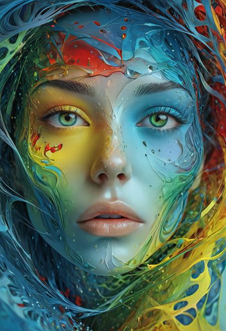 A digital art piece showcases a mysterious, pulsating sphere with a detailed, close-up depiction of an abstract female face. The face features a gentle, ethereal color scheme consisting of blue, green, yellow, and red hues. The backdrop is peaceful and subdued. The artwork incorporates an optical illusion that alters the viewer's perspective.