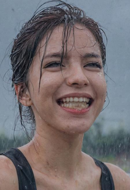 A female, evil smile, rain, smug, wet hair, portrait, looking at viewer, open mouth, hand in own hair, smirk, anime coloring, cloudy sky, cloud, half-closed eyes, parody,   sleeveless, close-up, unusually open eyes, hair ornament, hand on own head, outdoors,black flower, sleeveless turtleneck, ribbed shirt, DVD Screenshot, analog film grain, Fujifilm, UHD, DSLR