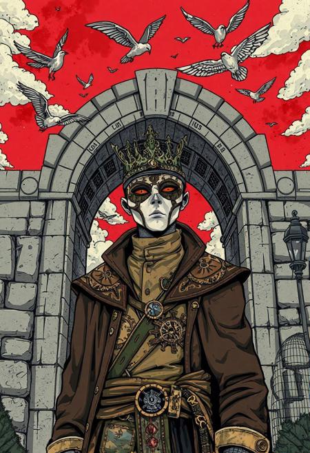 A masked self-portrait standing beneath a stone archway, wearing a robe of painted history, with birds circling against a crimson sky., steampunk aesthetics, intricate linework, whimsical characters, vibrant colors, fantastical elements, Victorian-inspired design, ornate machinery, imaginative storytelling, playful humor, gothic influence, graphic novel style