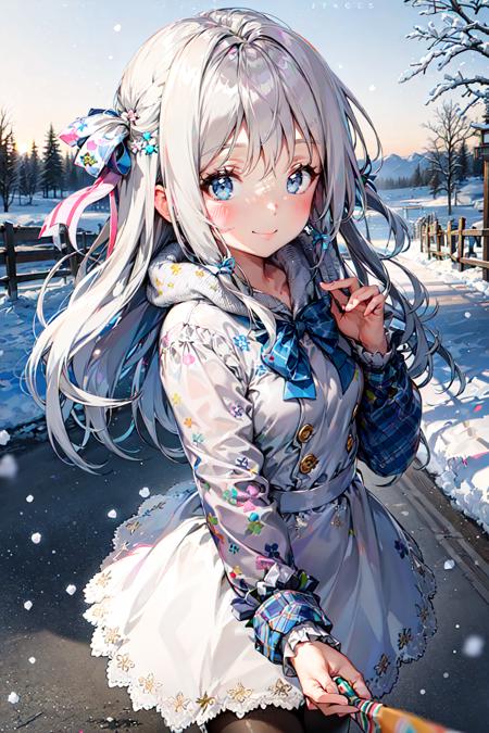 (best quality, masterpiece), 1girl, white hair, light blue eyes, looking at viewer, long hair, blush, dress,bow, skirt,ribbon, smile, looking at viewer, outdoors, winter, snow, winter clothes, (standing:1.1), playful, cyan coat, pantyhose, (pulling on your hand, pov:1.4), from side, running, <lyco:anmi-ver3:1:1:lbw=0.5 ,0.2 ,0.2 ,0.2 ,0.2 ,0.2 ,0.2 ,0.2 ,0.1 ,0.1 ,0.2 ,0.3 ,0.2 ,0  ,0.7  ,0.7  ,0.7  ,0.6  ,0.5  ,0.5  ,0.7  ,0.7  ,0.7  ,0.7  ,0.5  ,0.8>