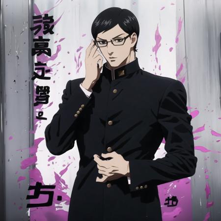 1boy, solo, black hair, school uniform, male focus, glasses, gakuran, black eyes, (hand on glasses:1.3), expressionless, <lora:Sakamoto:0.6>, <lora:MenacingJojo:1>, MenacingJojo, text, cowboy shot, pose