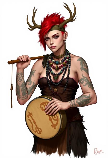 A digital art drawing of a darf called Run, a non binary druid darf. They have short deep red hair, a mohawk and deer horns tied on a band on their head. Tattoos of runes on their arms and face. They are holding a shamanic drum, wearing necklaces with many beads and a strapless dress of animal skin. Digital art style. Plain white background.