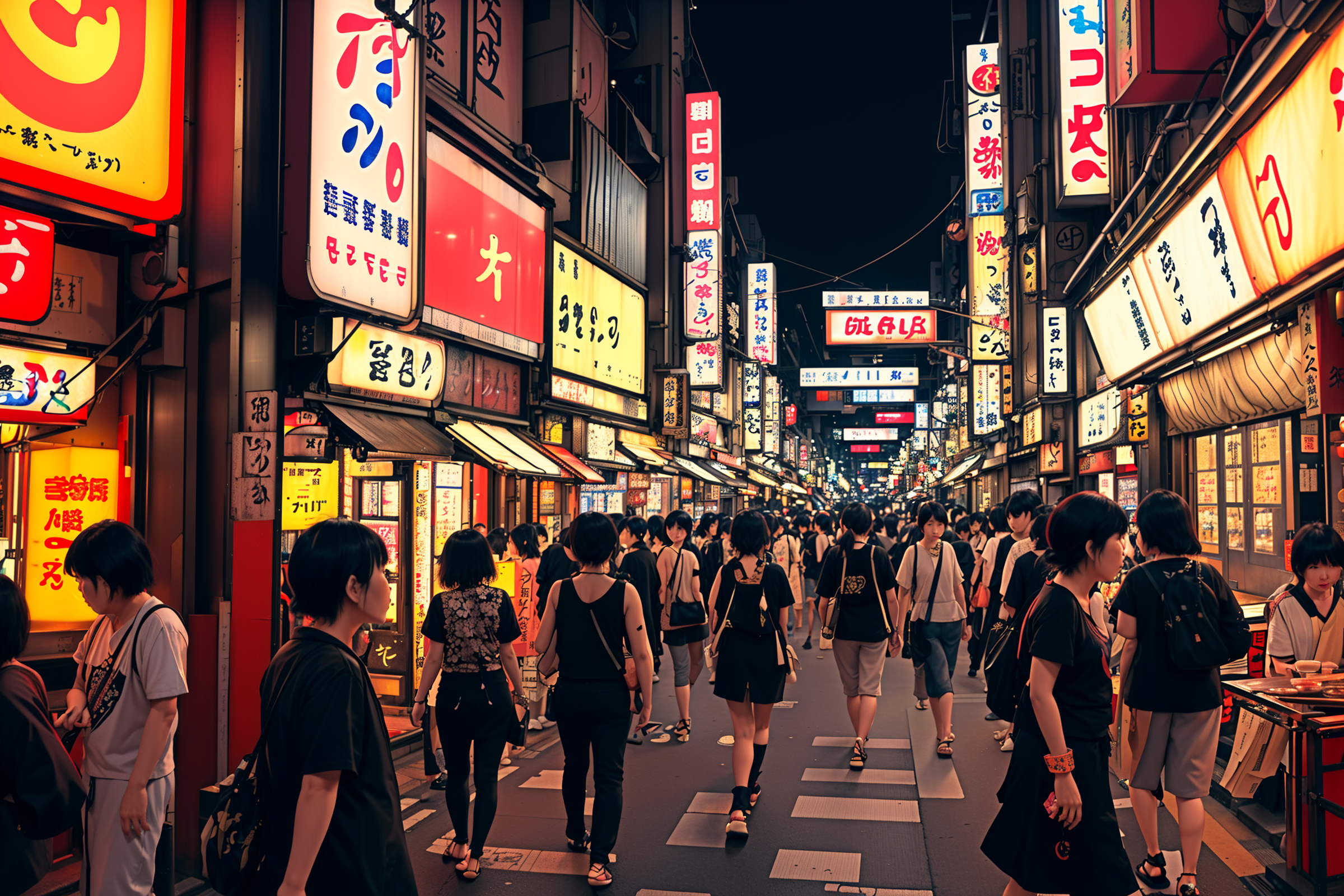 masterpiece, best quality, (realistic, highly detailed), shibuya at night, side street, colorful, shops, restaurants, neon...