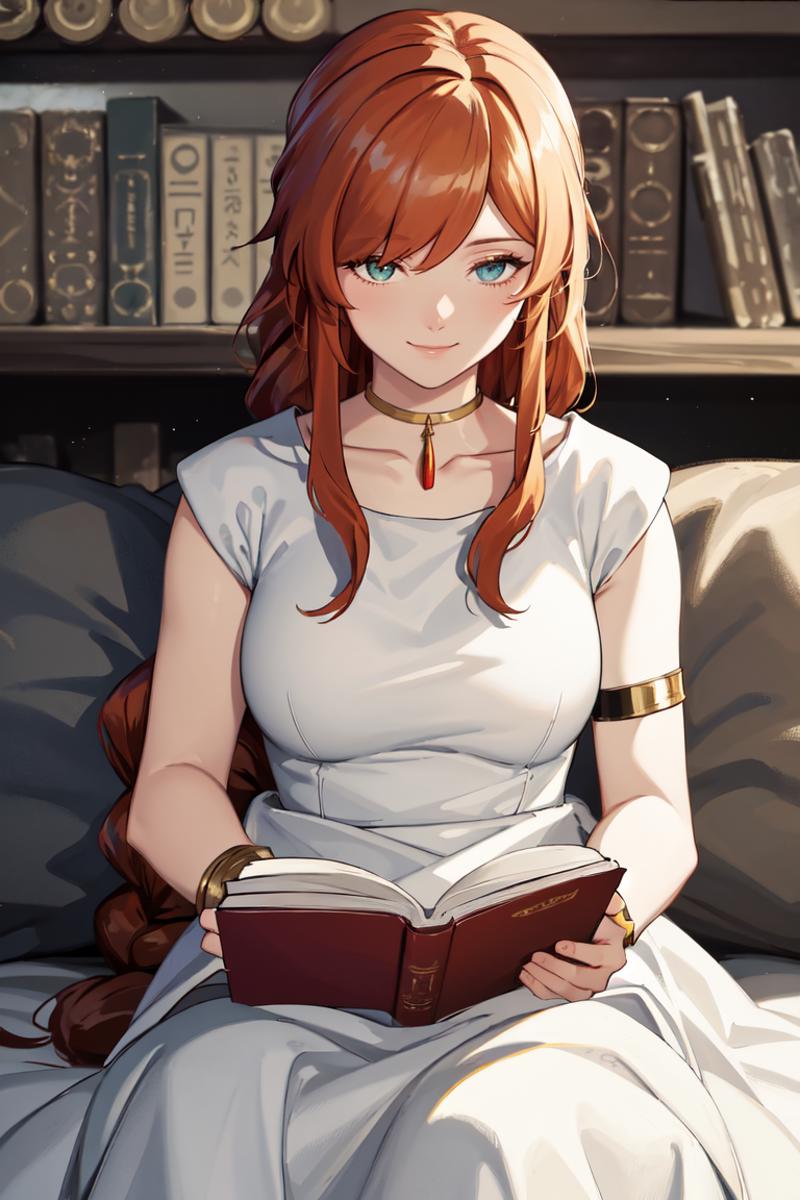 A cartoon character reading a book, wearing a white dress and a golden necklace.