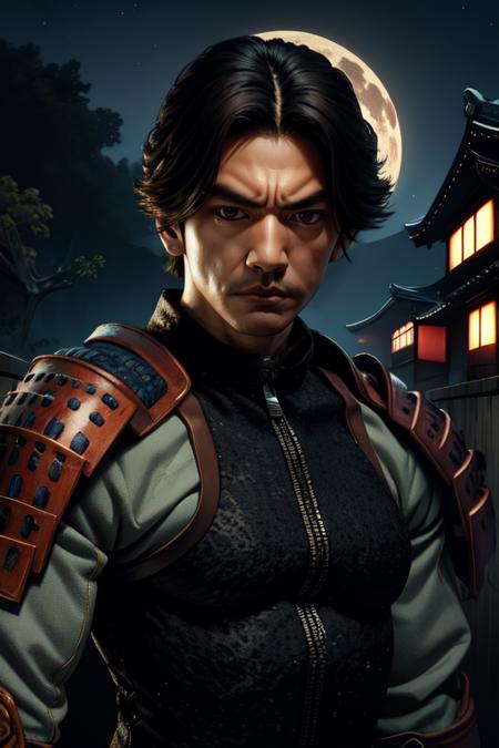 Samanosuke,black eyes, brown eyes, short hair, 
red japanese armor ,  black vest, zipper, 
standing,solo,  serious, upper body, 
Japanese building, nighttime,moon,Sengoku period, 
(insanely detailed, beautiful detailed face, masterpiece, best quality) 
 <lora:Samanosuke:0.8>