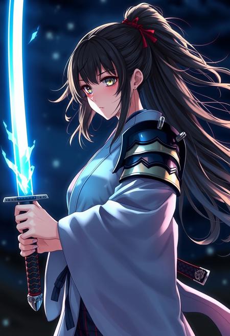 Shinobi girl wearing a kimono with shoulder armor, she's holding a katana glowing with blue energy, her long hair is flowing in the wind, she stands outside in nighttime training for her next battle. (maximum ultra high definition image quality and rendering:3), maximum image detail, maximum realistic render, (((ultra realist style))), realist side lighting, , 8K high definition, realist soft lighting, <lora:FluxMythG0thicL1nes:0.6> <lora:FluxMythR3alisticF:0.5> <lora:RetroAnimeFluxV1:0.6> <lora:OB半写实肖像画V2.0:0.6>