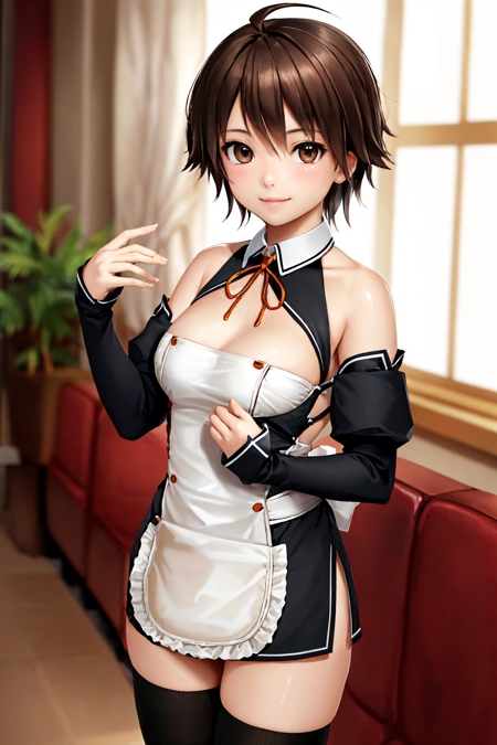 dccnao waitress apron detached sleeves black thighhighs bare shoulders