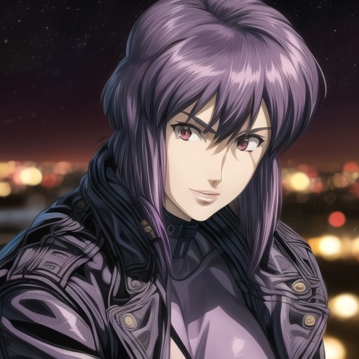 <lora:kusasagimotoko:1>, Motoko Kusanagi, purple hair, red eyes, jacket, leotard, 8k, city background, night, stars, moon,...