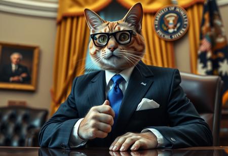 dr claw in sharp suit inside the oval office, real photograph, inspector gadget style, photorealistic, correct hands, correct fingers, presidential seal, vote button, campaign photo, election, elegant scene, madd cat