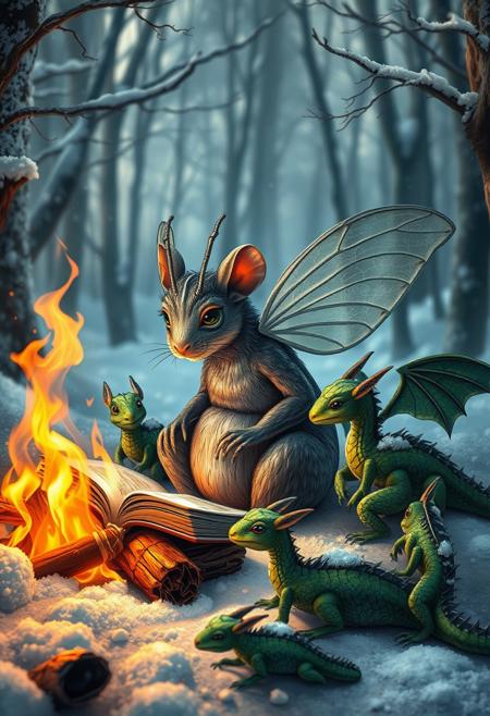 big half -rat half-fly  creature with transparent wings low on the body, grey antennae and chubby neck  and chubby silhouette sitting nearby  a  big campfire and reading an only one huge old book of fairy tales, sitting with a group of little green dragons with dark green wings seen under an electron scanning microscope, with details, snow, snowy, winter forest, vivid colors