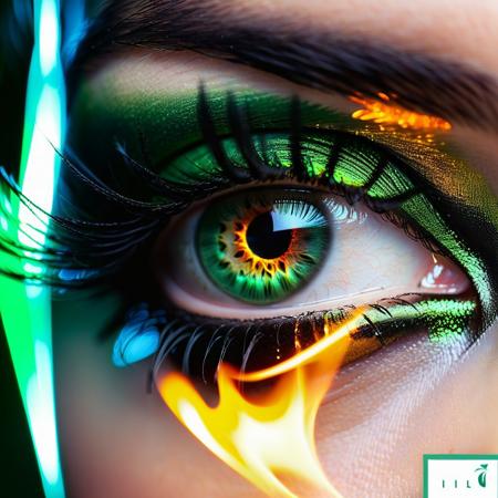 Ultra extreme closeup of a young womans eye ((((with fierce fire inferno reflecting from it)))), glossy green eye shadow, fire lighting the dark scene, super macro, green eye, view from side, mascara, winged eyeliner, mesmerizing, eyelash extension, shallow depth of field, f/1.4, focus blur, beautiful, bokeh, reflections, ultra realistic, gorgeous, silky smooth skin, dramatic light