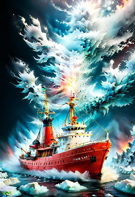 A red and white "US Coast Guard" ship breaks the ice on the Great Lakes at Christmas time. Dynamic scene with wind, 
blowing snow, 
ice and spray flying about.
amazingly fluid, 
detailed, 
3d fractals, 
light particles, 
water drops, 
shimmering light, 
dreamy, 
surreal, 
alcohol ink, 
smooth, 
shimmering, 
dreamy glow, 
16k, 
intricate artwork masterpiece, 
ominous, 
matte painting movie poster,  
trending on cgsociety, 
intricate, 
epic, 
trending on artstation, 
highly detailed, 
vibrant, 
production cinematic character render, 
ultra high quality model