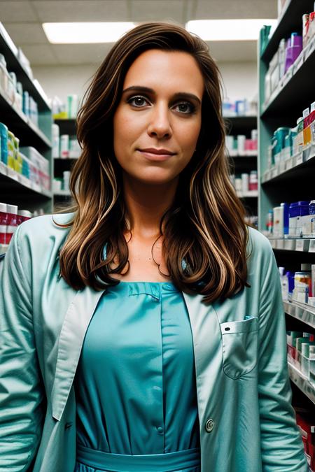 a professional photograph of beautiful (KW116:1.1) woman,as a pharmacist,wearing a (seafoam lab coat over her dress:1.2),(holding a large medicine bottle:1.3),standing in a pharmacy,with stocked shelves with medicine and drugs and supplies,a pharmacist's job involves handling prescriptions,distributing medication to customers,long hair,jewelry,lipstick,makeup and eyeshadow,magazine photoshoot,modelshoot style,sharp focus,detailed eyes,depth of field,(highly detailed),(HDR),(8k wallpaper),colorful,vivid color,intricately detailed,high contrast,highres,absurdres,hyper realistic,8K UHD DSLR,Fujifilm XT3,taken with (Canon EOS 1Ds camera),extremely intricate,dramatic,(looking at viewer),4k textures,elegant,(cinematic look),hyperdetailed,PA7_Portrait-MS,<lora:KW116_04A-000002:1.0>,
