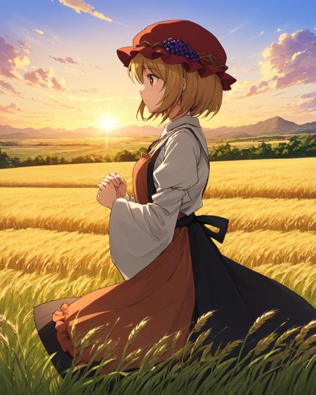 aki minoriko,1girl, solo, grapes, cloud, sky, sunset, long_sleeves, wheat, apron, outdoors, profile, mob_cap, wide_sleeves, dress, red_headwear, shirt, skirt, grass
<lora:aki_minoriko_image2428_2023-12-14:1>,star-shaped_pupils,symbol-shaped_pupils,. gorgeous,key visual, vibrant, studio anime,award-winning, professional, highly detailed,high budget, cinemascope