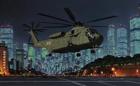 a frame of a animated film of a large military helicopter flying over new tokyo at night, style akirafilm <lora:Akira_Film_Style_XL:1>