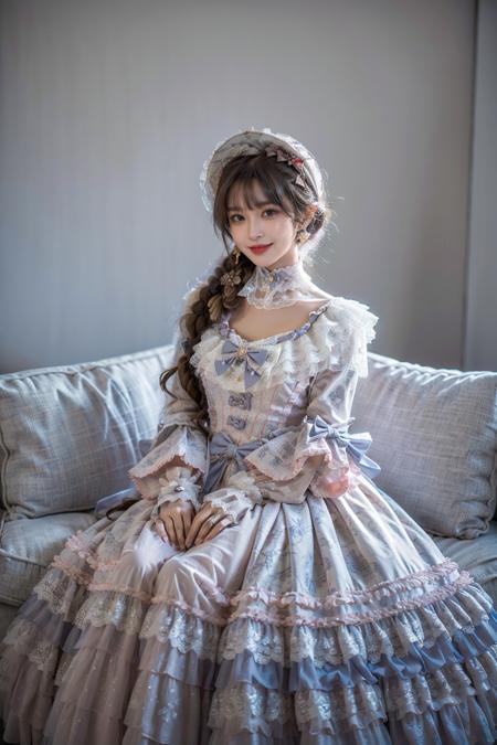 best quality, masterpiece, photorealistic, 1girl, solo, full body, sitting, long black straight hair, blunt bangs, looking at viewer, smile, lo dress, long dress, layered dress, choker, bow, long sleeves,  <lora:lo_dress_vol2_style7_v2:0.65>