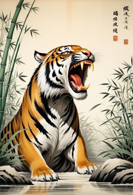 Sinoink, sun, bamboo, grass, tiger, open mouth, fangs, animal